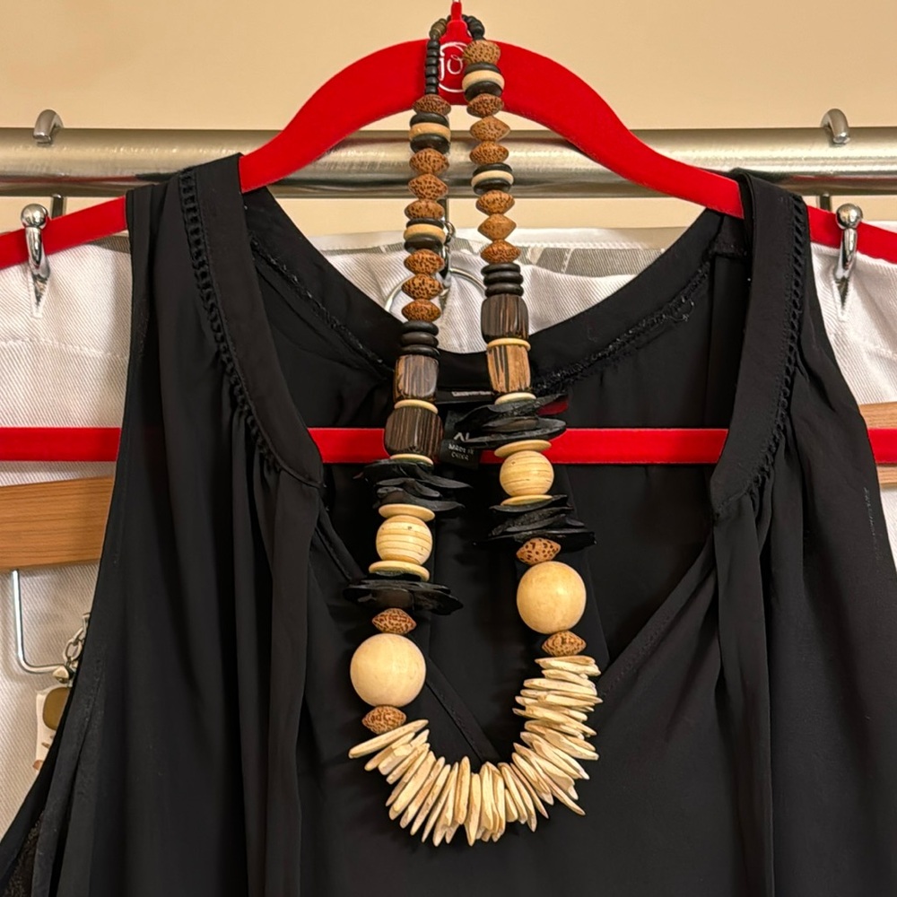 Organic Wood/ Speckled Seed Tan Brown Black oversized Lightweight Necklace. 24”